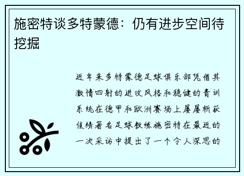 施密特谈多特蒙德：仍有进步空间待挖掘